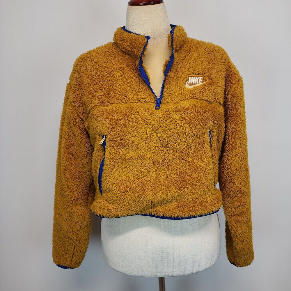 Nike Womens Sherpa Fleece Jacket Size M Burnt Orange Crop 1/4 Zip Pocket Swoosh